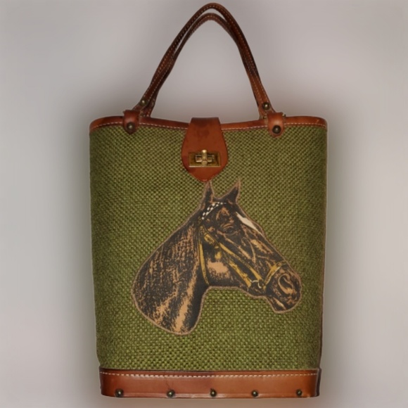 Vintage Handbags - VTG 1960s Burlap Quilted Equine Handbag